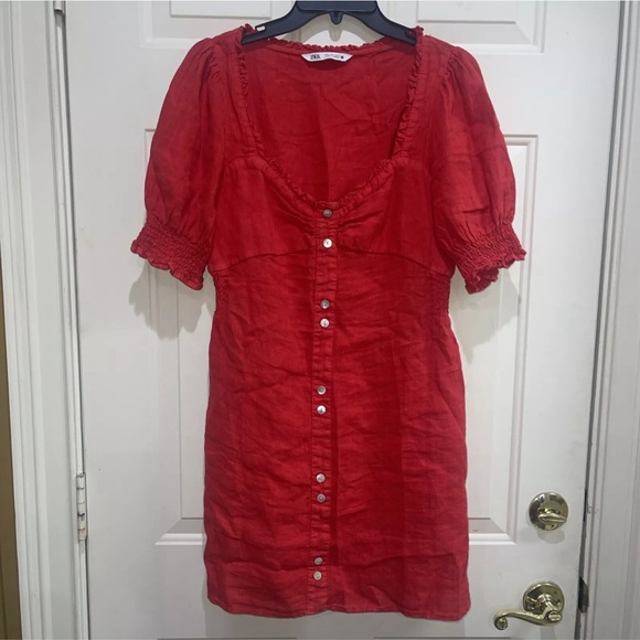 Zara Red Linen SS Shift Smocked Back Dress Women Sz L Decorative Front Button - Picture 6 of 13